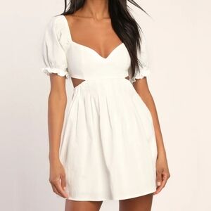 Lulus Love the Feeling White Puff Sleeve Lace-Up Cutout Linen Mini Dress, XS